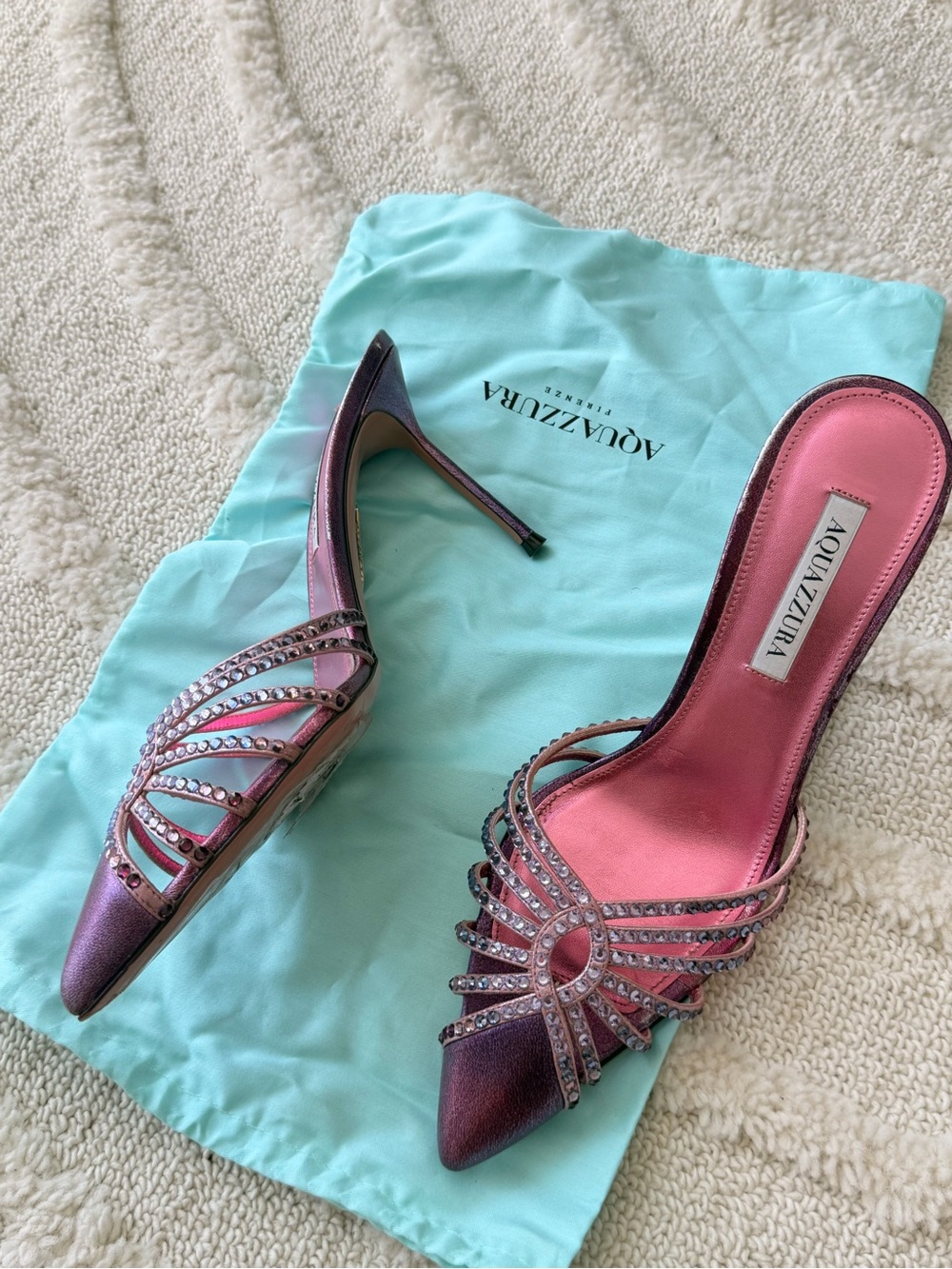Aquazzura Pink/Purple Ombre Crystal-Strap Pointed Mule Heels / size 39.5 - Picture 3 of 5